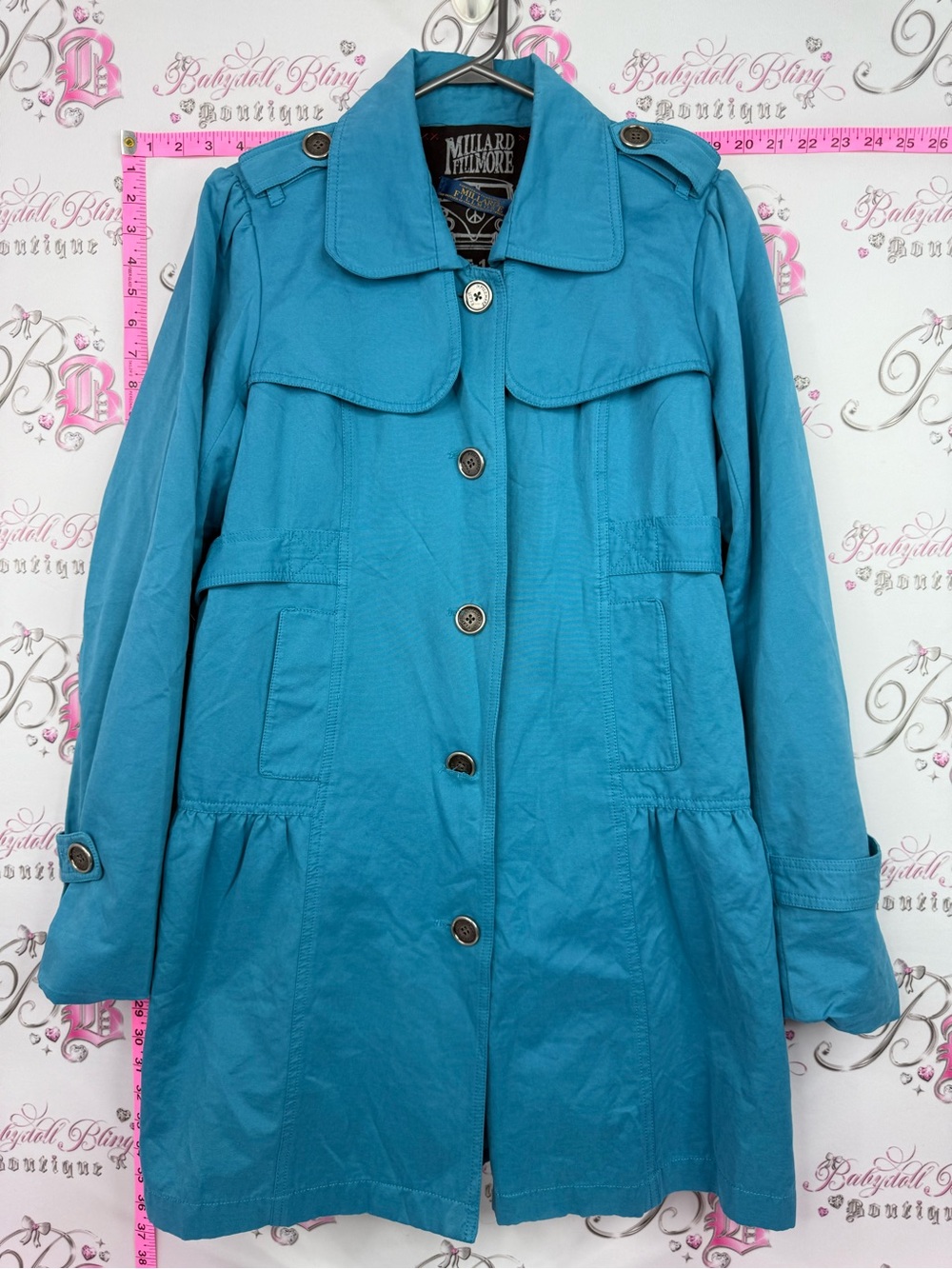 Millard Fillmore Women's Teal Button-Front Trench Coat belted
